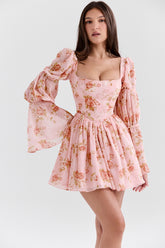 Sancia-English Vintage Rose Print Puff Sleeve Mini Dress