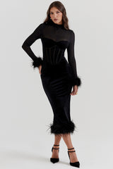 Lianna-Black Velvet Midi Dress