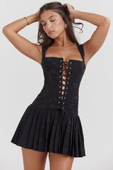 Talia-Black Pleated Mini Dress