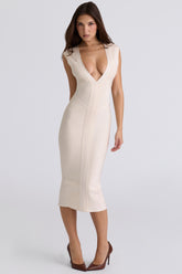 The Super Plunge-Vanilla Stretch Bandage Midi Dress