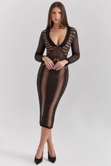 Loula-Black Plunge Open Knit Midi Dress - SALE