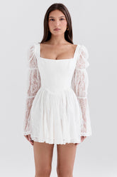 Sancia-White Lace Puff Sleeve Mini Dress