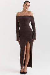Lucena-Espresso Knit Off Shoulder Dress