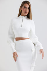 Reeva-White Balloon Sleeve Ribbed Sweater - SALE