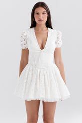 Imani-White Pleated Broderie Anglais Mini Dress