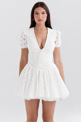 Imani-White Pleated Broderie Anglais Mini Dress