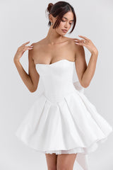 Noele-White Satin Strapless Bow Mini Gown