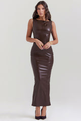 Sahara-Cocoa Vegan Leather Maxi Dress