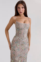Naima-Silver Embellished Beaded Corset Maxi Dress
