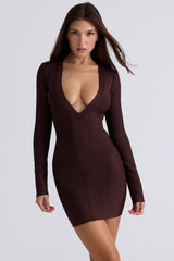 The Super Plunge-Chocolate Long Sleeve Stretch Bandage Mini Dress