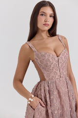 Lovely-French Rose Jacquard Sweetheart Neckline Midi Dress - SALE
