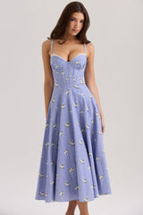 Steffani-Blue Daisy Print Stretch Cotton Midi Sundress