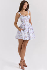 Kimmie-Lilac Ribbon Print Cotton Mini Dress