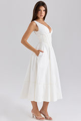 Samia-White Stretch Cotton Midi Sundress