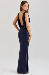 Safaira-Navy Satin Draped Cowl Neck Maxi Dress