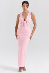 Sophina-Perfectly Pink Broderie Anglais Plunge Maxi Dress