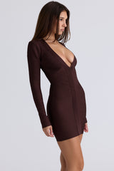The Super Plunge-Chocolate Long Sleeve Stretch Bandage Mini Dress