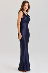 Safaira-Navy Satin Draped Cowl Neck Maxi Dress