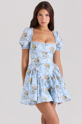 Rosie-Blue Rose Print Cotton Mini Dress