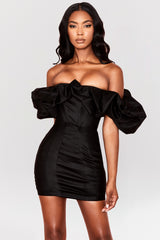 Selena-Black Satin Puff Shoulder Dress