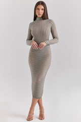 Margo-Grey Velour Sheer Striped Midi Skirt