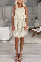 Halter Neck Tiered Cotton Linen Mini Dress