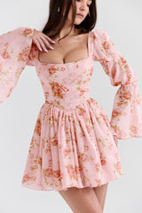 Sancia-English Vintage Rose Print Puff Sleeve Mini Dress