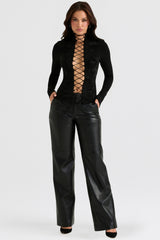 Lori-Black Crystallised Lace Up Top