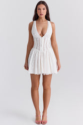 Sarita-White Cotton Broderie Anglais Plunge Mini Dress