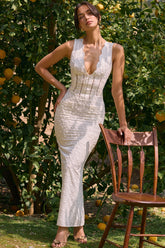 Sophina-White Cotton Broderie Anglais Plunge Maxi Dress