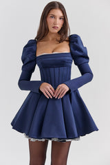 Venetia-Midnight Satin Puff Sleeve Mini Dress - SALE