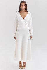 Solara-Ivory Wool Mix Flared Midi Skirt