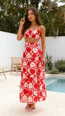 Saraya Top and Skirt Set - Red / White