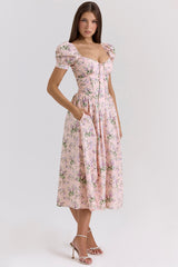 Lulabell-Pink Ribbon Print Cotton Midi Dress