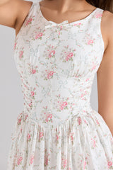 Sienna-Rose Print Stretch Cotton Lace Up Midi Dress
