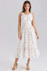 Sienna-Rose Print Stretch Cotton Lace Up Midi Dress