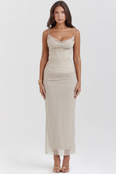 Nalini-Sand Stretch Mesh Maxi Dress