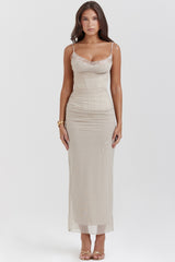 Nalini-Sand Stretch Mesh Maxi Dress