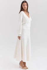 Solara-Ivory Wool Mix Flared Midi Skirt