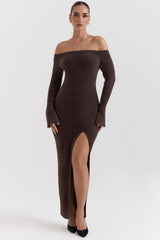 Lucena-Espresso Knit Off Shoulder Dress
