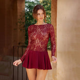 Lace Sheer Patchwork Ruffle Long Sleeve Mini Dress