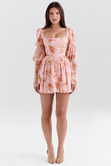 Sancia-English Vintage Rose Print Puff Sleeve Mini Dress