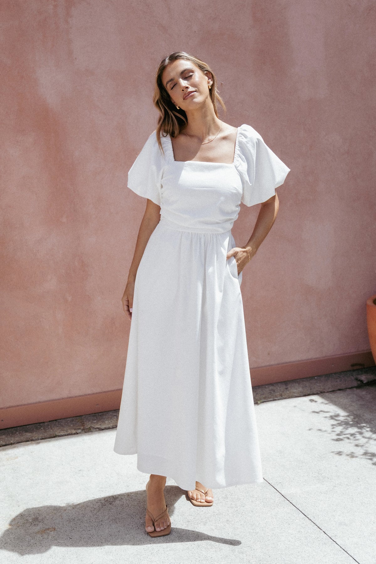Clo Puff Sleeve Midi Dress - White