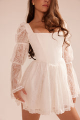Sancia-White Lace Puff Sleeve Mini Dress
