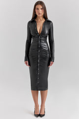 Viola-Black Vegan Leather Long Sleeve Midi Dress
