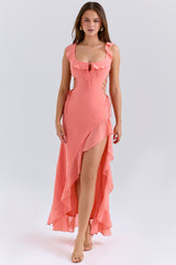 Aloura-Coral Georgette Ruffle Maxi Dress