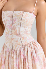 Ysabella-Peach Floral Print Stretch Cotton Midi Sundress