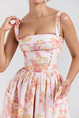 Vivien-Peach Poppy Print Cotton Midi Sundress