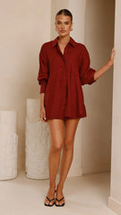 Charla Button Up Top - Burgundy