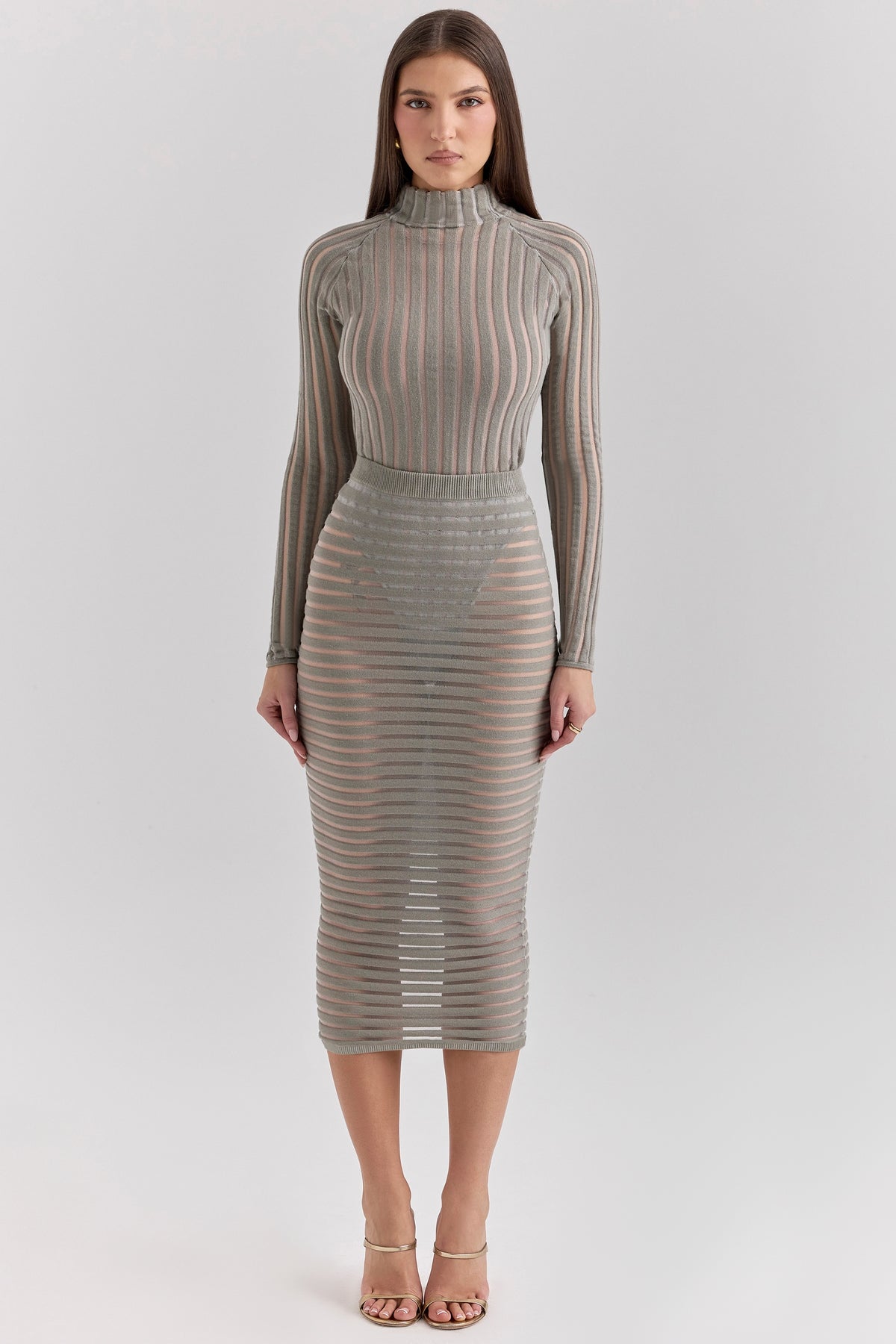 Margo-Grey Velour Sheer Striped Midi Skirt